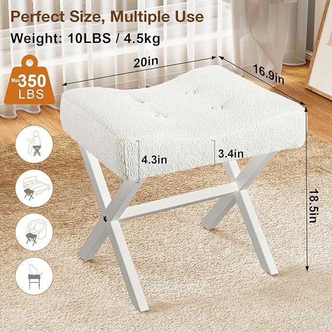 18-Inch Large Vanity Stool Chair, Vanity Bench with Metal X-Legs, Ottoman Accent Stool with Breathable and Soft Boucle Fabric Saddle Seat, White