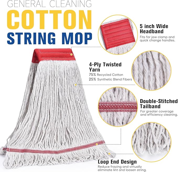 Matthew Cleaning Commercial Mop Head Replacement, 5 Inch Wide Headband, Looped End Cotton Blend String Wet Mops for Floor Cleaning, 18 oz Medium, Case Pack 12 Pcs White
