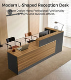 Modern L-Shaped Reception Desk with Counter - 71" Front Desk Reception Counter with Open Shelves, Lockable Drawer, Keyboard Tray & Modesty Panel for Office, Lobby, Salon, Spa, Retail Checkout, Left