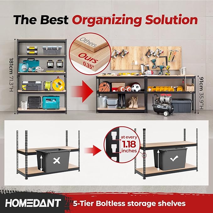 HOMEDANT 5 Tier Storage Shelves Adjustable Laminated Boltless Garage Metal Shelving Unit Heavy Duty Utility Rack Shelf Warehouse Pantry Closet Kitchen (3, (L) 48.1" W, Black)