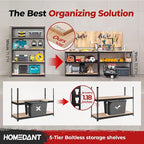 HOMEDANT 47.7" W Deep 5 Tier Heavy Duty Garage Shelving Adjustable Metal Rack Storage Shelves Standing Shelf Unit Organizers Industrial Warehouse Basement Black 1Pack