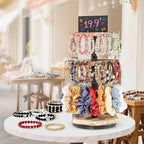 LadyRosian 3-Tier Wooden Rotating Jewelry Display Stand | Bracelet & Keychain Organizer with Advertising Board | 54 Hooks Rustic Holder for Vendor Booth & Stores (3-Tier Round Hexagon)