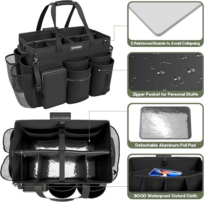 Rolling Cleaning Caddy Bag with Detachable Trolley, Cleaning Supplies Organizer Cart on Wheels, Cleaning Supply Caddy for Housekeepers (Black, 11.5" Dx15.7 Wx13 H)