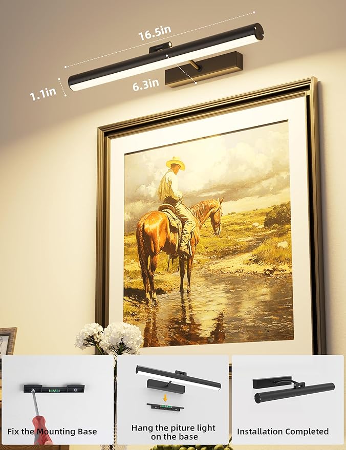 VOLISUN 16 inch Picture Lights for Wall, Rechargable Picture Light Battery Operated, 3 Color Temperatures Cordless Picture Light with Remote, Art Light for Paintings, Gallery, Portrait, 2 Pack (Black)