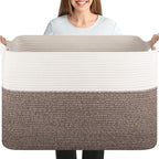 XXXL Supre Large Blanket Basket for Clothes, Towels, Pillows, 108L Cotton Rope Storage Basket for Living Room, Supre Large Woven Toy Storage for Kids, 25" x 16" x 16", Dark Brown and White