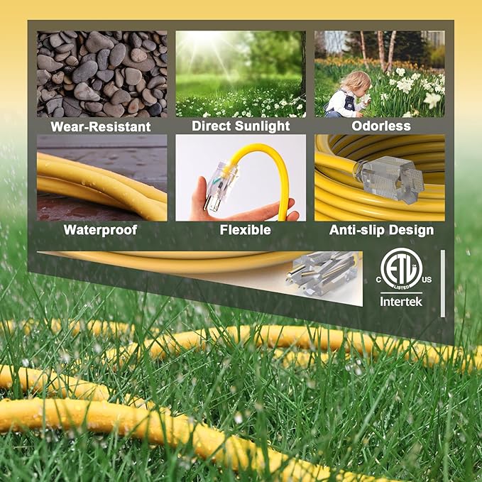 PLUGTUL 12 Gauge Extension Cord 50 Ft, Heavy Duty Outdoor Extension Cord Waterproof Lighted End SJTW, 3 Prong Grounded Plug for Safety, 15A 1875W, ETL Listed, Great for Garden and Home, Yellow