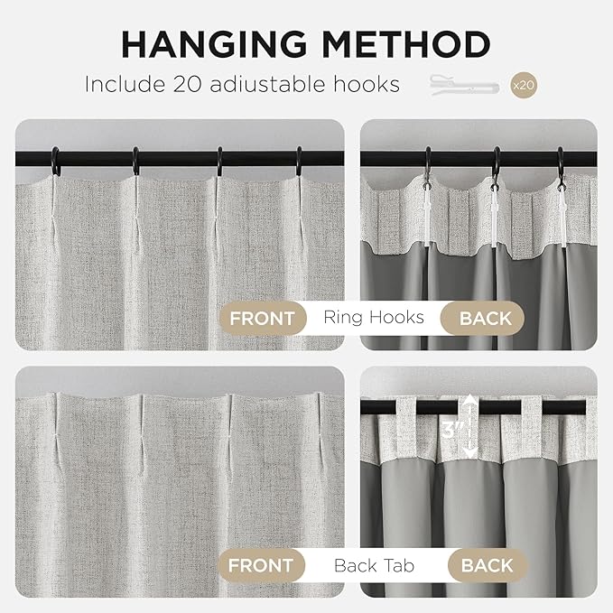 Joydeco Pinch Pleated Curtains - 100% Blackout for Bedroom, White Linen Curtains 40" W x 63" L, Thermal Insulated 2 Panels Light Blocking Drapes, Back Tabs for Living Room
