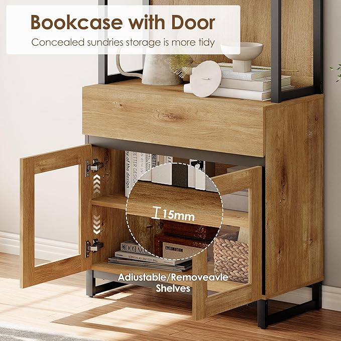 WAMPAT Modern 72" Tall Bookcase with Drawer and Open Book Shelfs, Library Book Shelf with Glass Doors Storage Cabinet, Wood Freestanding Bookshelf for Home Office, Living Room, Oak