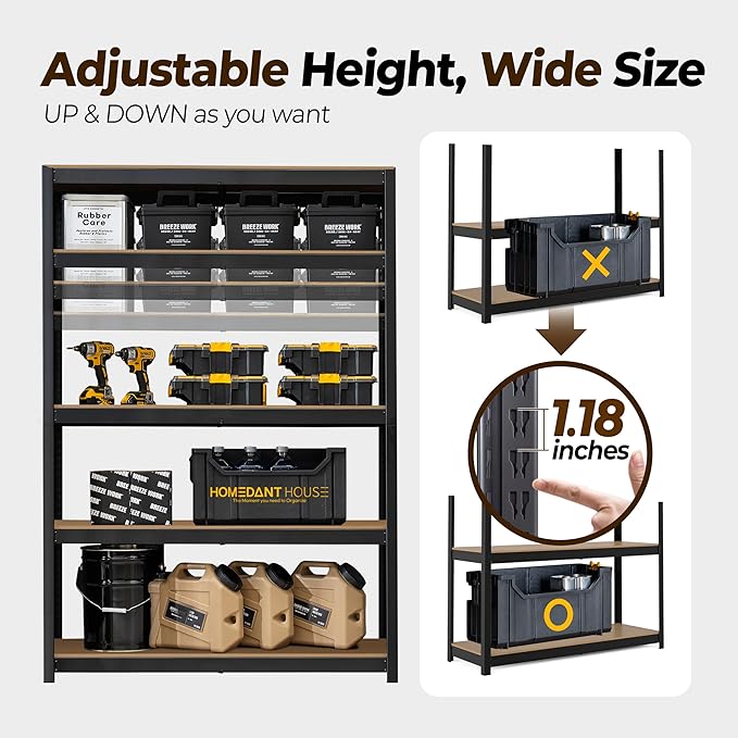HOMEDANT House 48.1" W 5 Tier Heavy Duty Garage Shelving Adjustable Metal Rack Storage Shelves Standing Shelf Unit Organizers Industrial Warehouse Basement Black 1Pack