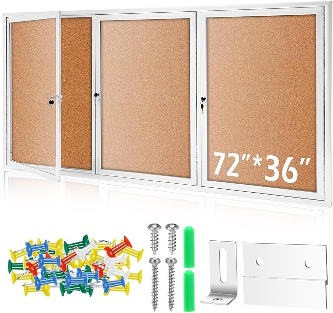 Enclosed Bulletin Board 72" x 36" Weather Resistant Lockable 3 Door Weatherproof Wall Mounted Enclosed Cork Board Aluminum Frame Display Case for Office, School, Commercial, 18xA4(Wood Color)