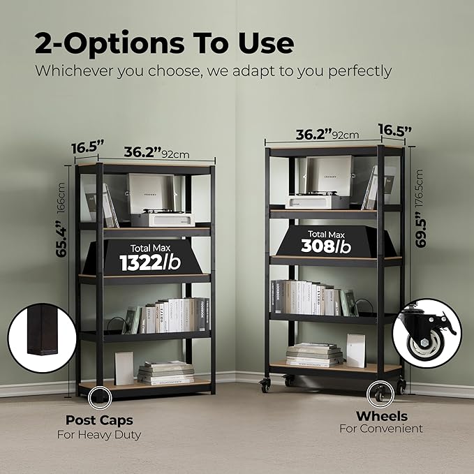 HOMEDANT House 5-Tier Metal Rolling Cart Shelf Rack Casters Heavy Duty Laminated Wheel Shelving Unit Adjustable Utility Storage Shelves Organizer Shelf Kitchen Garage (2, (M) 36.2" W, Black)