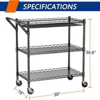 REGILLER 3 Tier Heavy Duty Rolling Utility Cart,18" D x 30" W x 36.6" H Rolling Carts with Wheels,Commercial Grade Metal with Handle Bar & Shelf Liner,Trolley Serving Storage Cart for Kitchen Black