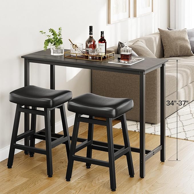 Counter Height Bar Stools Set of 2, 24 Inch Barstools for Kitchen Counter, Kitchen Stools with Bonded Leather Saddle Seats & Heavy Duty Metal Legs, Easy Assembly, Brown/Black