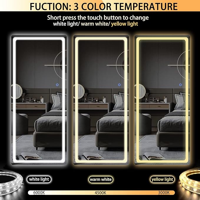 Hasipu Full Length Mirror with Lights, 65" x 22" LED Floor Mirror, Full Body Dressing Standing, Hanging Mounted Mirror for Living Room Bedroom Cloakroom, Round Black