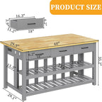 60" Solid Rubberwood Kitchen Island with Power Outlets - Extra Large Work Surface, 3 Drawers & 2 Open Shelves Storage Cabinet for Kitchen Dining Room, Farmhouse Style (Grey)