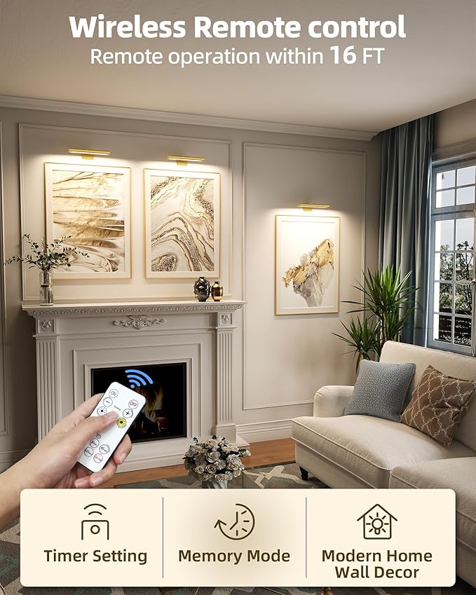 EZVALO Picture Light for Wall, Rechargeable 2400mAh Battery Lights Wireless Remote, 3 Color & Dimmable Magnetic 8'' LED Lights Display for Painting, Living Room, Gallery, Bedroom, Dashboard(Gold-3P)