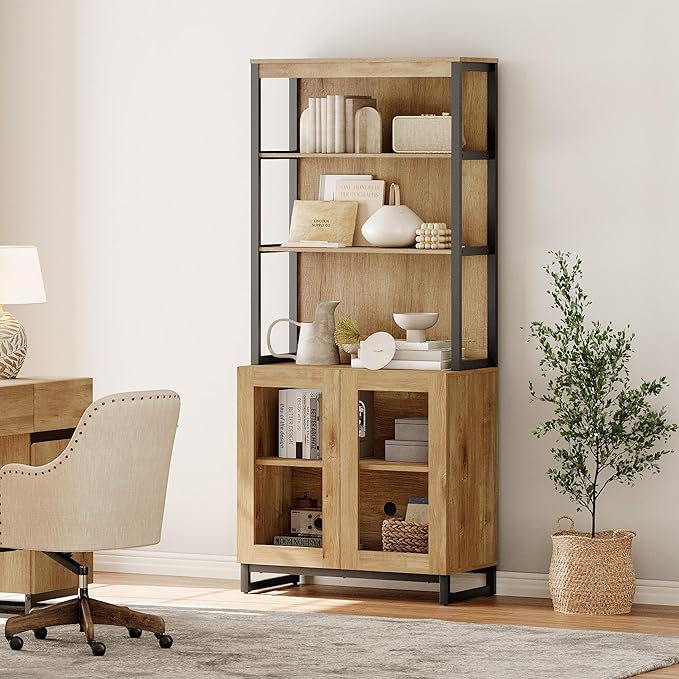 WAMPAT Modern 72" Tall Bookcase with Glass Doors and Adjustable Shelves, Library Book Shelf with Storage Cabinet and Open Book Shelfs, Wood Bookshelf for Home Office, Living Room, Oak