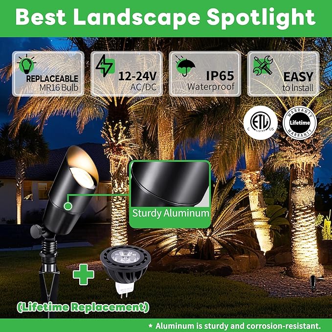 12V Outdoor Spotlight, Black Low Voltage LED Landscape Light, Waterproof Aluminum Wired Light for Patio Yard House Lighting with 5W MR16 Bulb 5000K 6 Pack