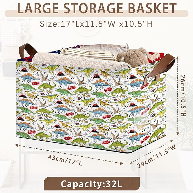 Dinosaur Pattern Collapsible Storage Box - 17x11.5x10.5 Inch Foldable Organizer for Nursery, Playroom Decor,Toy Storage - No Lid Single Pack Organizer Bin