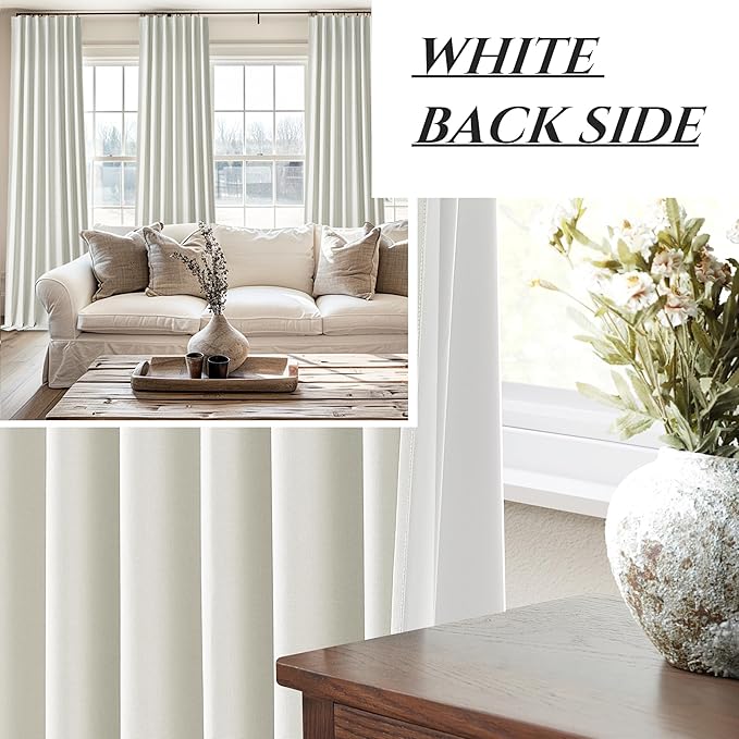 Beige White Room Darkening Curtains 72 Inches Long 2 Panels Burg, Linen Heavy Insulated Bay Window Curtain Modern Neutral Drapes for Bedroom/Cabin/Kitchen (W50" x L72"Tall) 6FT Length Hook Belt