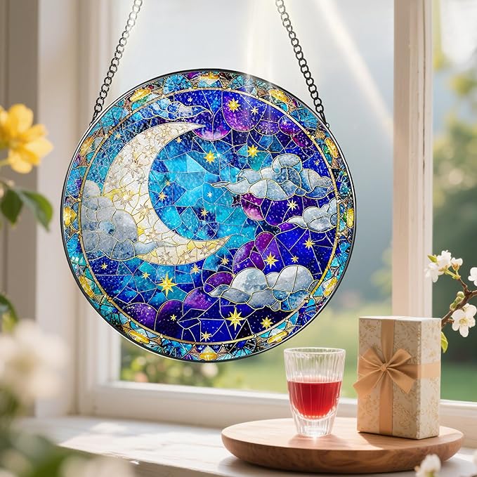 8-Inch Moon and Star Stained Glass Ornament, Stained Glass Window Hanging, Window Hanging Decor Suncatcher, Night Sky Ornament | Holiday, Mother’s Day, Housewarming | Gifts for Friend & Family