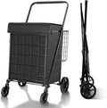 Folding Shopping Cart with Waterproof Liner, Grocery Cart Large Bag with Top Cover, 340 Lb Capacity, Utility Cart with 360° Rolling Swivel Wheels, Large & Extra Basket