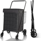 Folding Shopping Cart with Waterproof Liner, Grocery Cart Large Bag with Top Cover, 340 Lb Capacity, Utility Cart with 360° Rolling Swivel Wheels, Large & Extra Basket