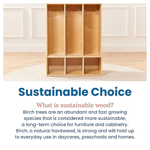 ECR4Kids Streamline 3-Section Toddler Coat Locker with Bench, Kids Furniture, Natural