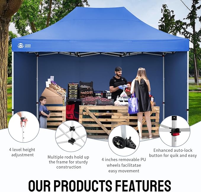 CROWN SHADES 10x15 Pop Up Canopy Tent, Thicken Frame Commercial Heavy Duty Tent, with 4 Sidewalls 8 Stakes & 4 Sandbags & 4 Ropes, Outdoor Canopies for Events, Parties,Blue