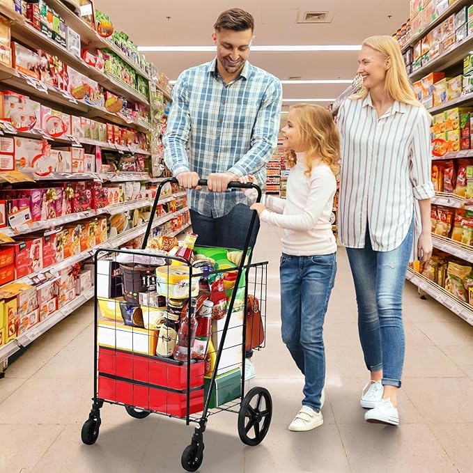 YITAHOME Folding Shopping Cart with Wheels, Rolling Foldable Grocery Cart with Versatile Rear Basket, Portable Collapsible Utility Cart for Shopping Groceries Laundry Storage Organizer
