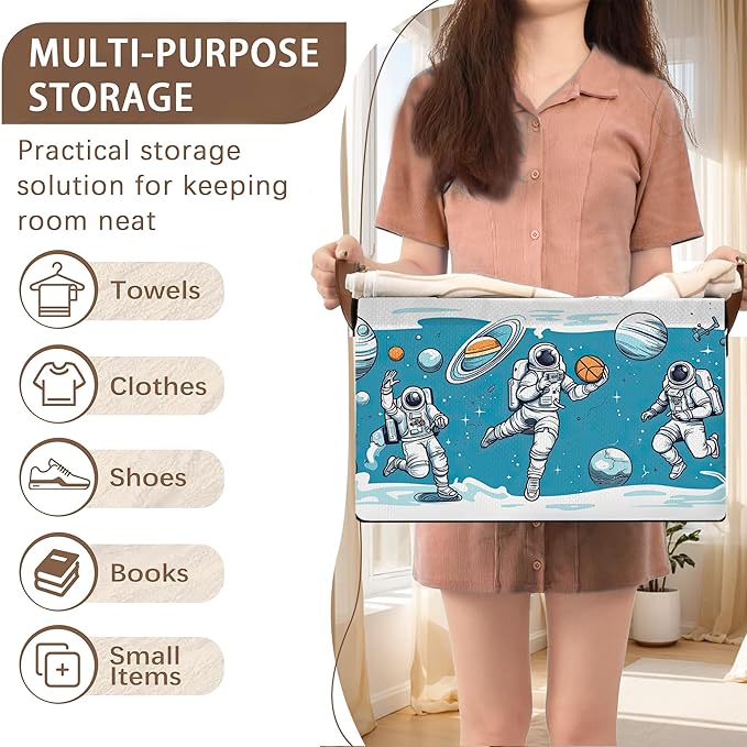 Astronaut Pattern Storage Basket Large 17x11.5x10.5 Inche-Collapsible Fabric Organizer Bin with Handles for Kids Room, Space Theme, Toys-Foldable Decorative Hamper with Rocket & Stars-Single Pack