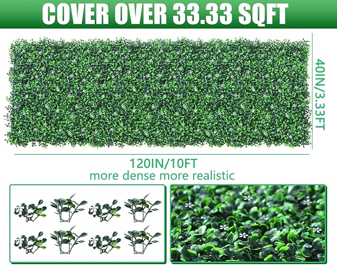 Artificial Boxwood Roll Panels with Flowers,40"x 120"(33.33 sq.ft) UV-Anti Faux Ivy Leaves Privacy Fence Screen Grass Wall Roll Panels for Indoor Home Decor and Outdoor Garden Backyard
