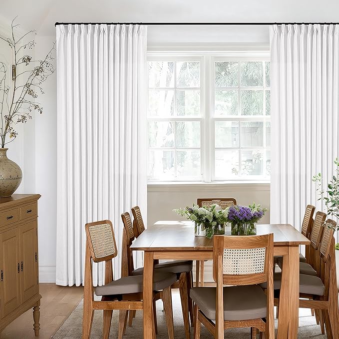 White Linen Pinch Pleated Curtains 102 Inches Long 2 Panels for Living Room Bedroom Snow White Thick Linen Pleated Hooks Rings Back Tab Luxury Light Filtering 102 Inch Curtain Drapes for Sliding Door