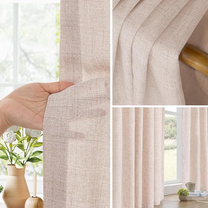 Faux Linen Semi Sheer Room Divider Curtain with Flexible Tracks, Light Filtering Privacy Curtains for Patio Sliding Glass Door, Window or Room Divider Drapes, Living Room, Beige, 72"W x 84"L,1 panel