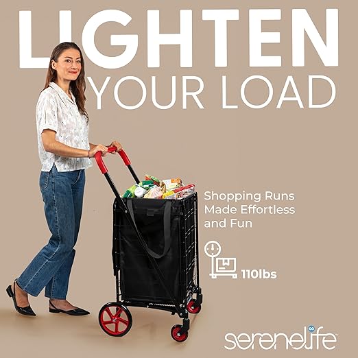 SereneLife Large Folding Utility Shopping Cart with Removable Liner – Heavy Duty, 360° Swivel Wheels, 110 lb Capacity, Portable for Groceries, Laundry, Luggage, and More (Red)