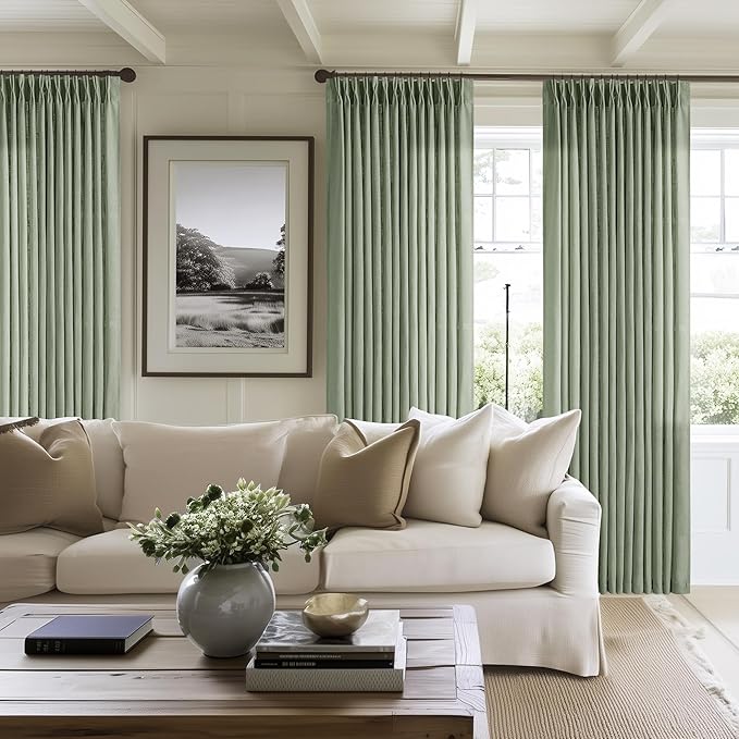 Green Linen Semi Sheer Curtains 90 Inches Long for Living Room Bedroom Light Filtering Sage Green Textured Burlap Pinch Pleated Curtains 90 Length Hooks Rings Back Tab for Sliding Door 2 Panels