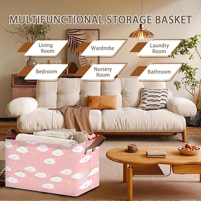 Pink Cloud Storage Basket Large 17x11.5x10.5 Inches - Collapsible Fabric Organizer Bin with Handles for Nursery, Girls Room, Toys - Foldable Decorative Hamper with Soft Fluffy Design - Single Pack