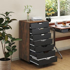 LOKO 7-Drawer Storage Cabinet, Versatile Drawer of Chest with Lockable Wheels, Mobile Office Lateral File Cabinet, for Home Office, Study (Rustic Brown + Black, 16" D x 19.5" W x 34.5" H)