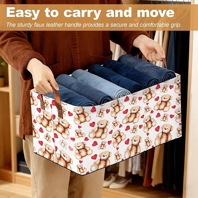 Bear Heart Storage Bin with Handles, Valentines Love Basket Storage Organizer for Shelves, Closet, Nursery, Book, Laundry Hamper & Home Decor
