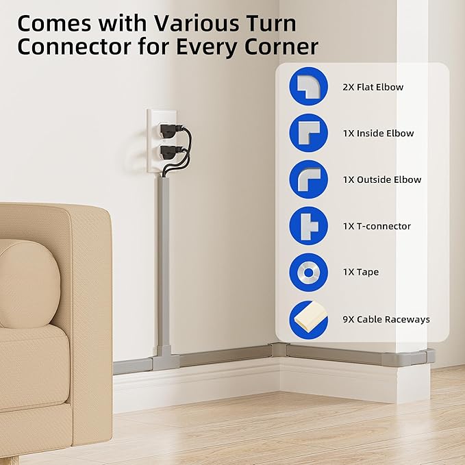 Delamu 142in Grey Cord Hider Cable Hider, Cord Covers for 2-3 Wires on Wall, Premium Wire Hiders Wire Covers for Cords on Wall, Easier Setup TV Cable Cover Management Kit, W0.94 H0.47in, Grey