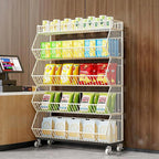 Commercial Supermarket Display Cart - 5-Tier Industrial Slanted Rolling Shelves Metal Storage Rack for Retail Store, Warehouse & Home Use, 110LBs/Tier Tool-Free Setup