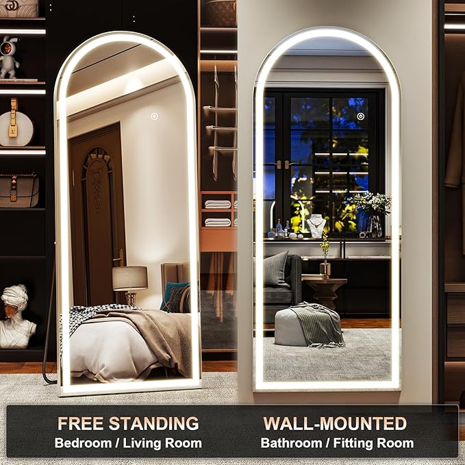 LED White Arched Full Length Mirror - 24“ x 65” Adjustable Brightness, Touch Screen Controls, Wall Mounted or Freestanding for Bedroom, Living Room, Cloakroom Dressing Mirror