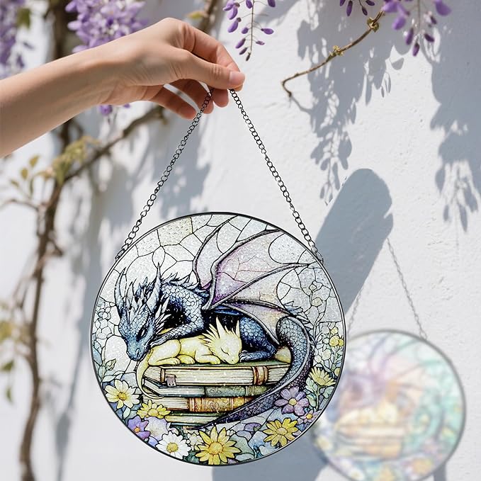 Stained Glass Window Hanging, 8 Inch Dragon Stained Glass Suncatcher, Dragon Decor, Home Decor for Windows, Book Lover Gift, Gifts for Book Lovers, Gifts for Bookworm on Birthday Christmas