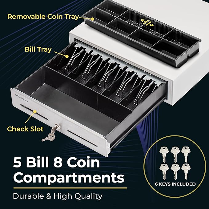 Volcora 16" Manual Push Open Cash Register Drawer for Point of Sale (POS) System - White and Stainless Steel Front Touch Panel - Durable with Removable Tray, 5 Bills and 8 Coin Slots, Key Lock