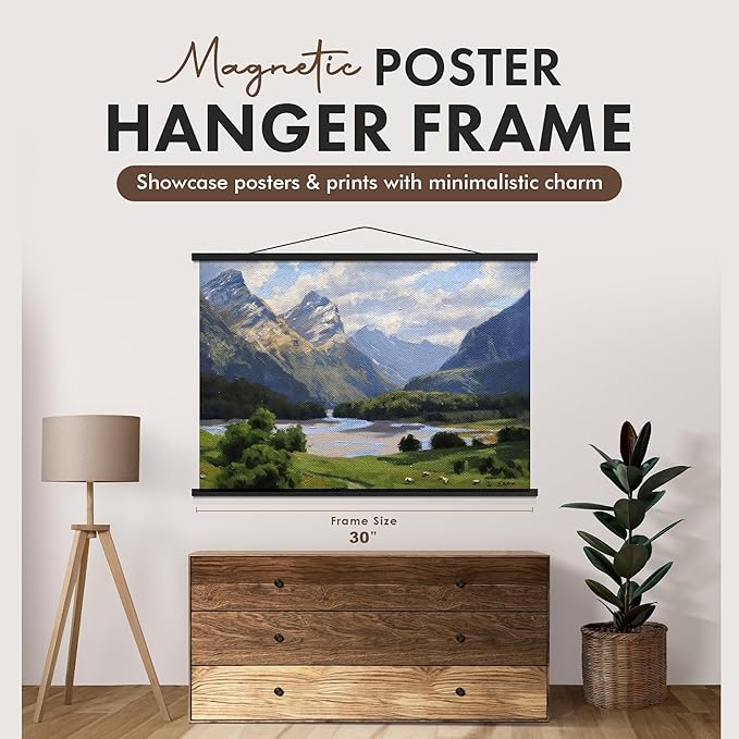 Travelization Magnetic Poster Hanger 30” Poster Frame with Strong Magnets, Complete Hanging Kit for Art, Maps, Pictures, and More, Fits 30x20, 30x30, 30x40, and 30x48, Black