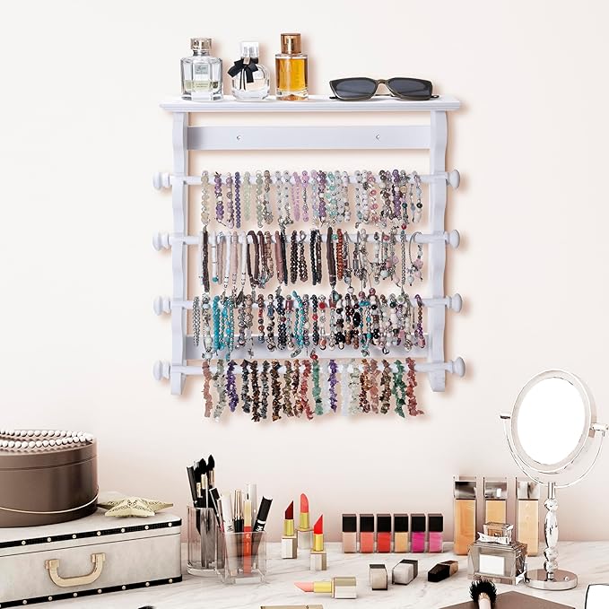 4-Tier Wall-Mounted Wooden Bracelet Holder – Elegant White Jewelry Display Rack with Top Shelf for Perfume, Sunglasses & Accessories – Hanging Organizer for Bracelets, Bangles, Watches & Necklaces