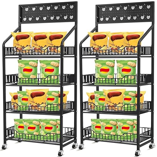 2 Set Retail Display Rack Shelf Cart with Wheels and Hook Heavy-Duty Metal Snack Potato Chip Display Organizer Concession Stand for Supermarket Grocery Store Home Black (4 Tier 15 Hooks)