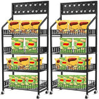 2 Set Retail Display Rack Shelf Cart with Wheels and Hook Heavy-Duty Metal Snack Potato Chip Display Organizer Concession Stand for Supermarket Grocery Store Home Black (4 Tier 15 Hooks)