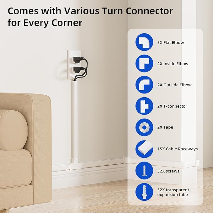 Delamu 236in Cord Hider, Cord Covers for 2-3 Wires on Wall, Premium TV Cable Hider, Paintable Wire Hiders Wire Covers for Cords on Wall, Easier Setup Cable Cover Raceway, W0.94 H0.47in, White