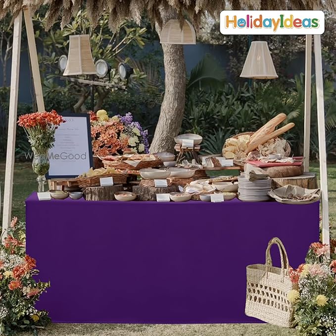 HolidayIdeas Fitted Tablecloths for 6 Foot Rectangle Table, Wrinkle Resistant Washable Table Cover 30x72 Inch for Vendor Booth Display, Banquet, Trade Show, Purple, 4 Pcs